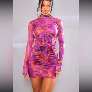PrettyLittleThing NWT Hot Pink Printed Slinky High Neck Ruched Long Sleeve Dress